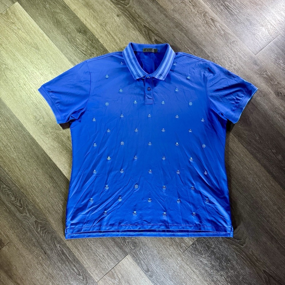 G/FORE Skull & Crossbones AOP Golf Performance Polo Shirt Blue Sz XL Men